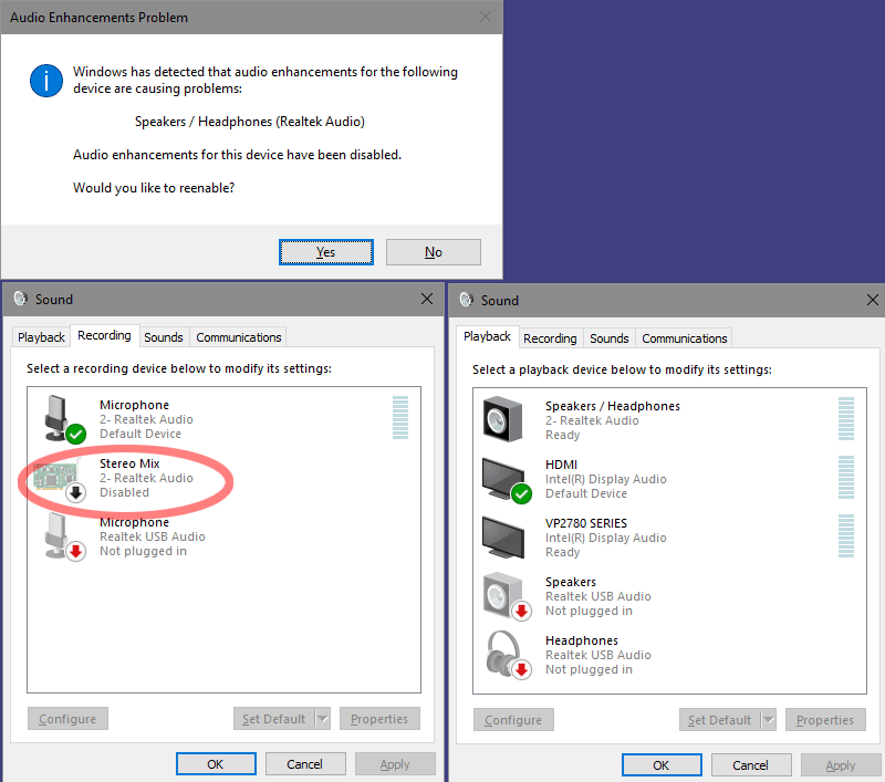 realtek audio enhancement and stereo mix disabled