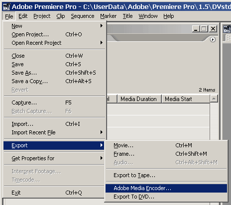 export adobe media encoder menu