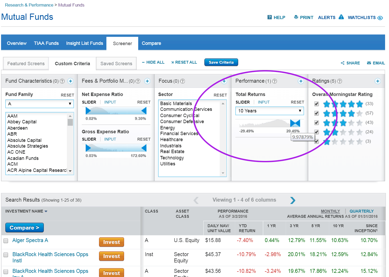 slider selector on mutual funds list