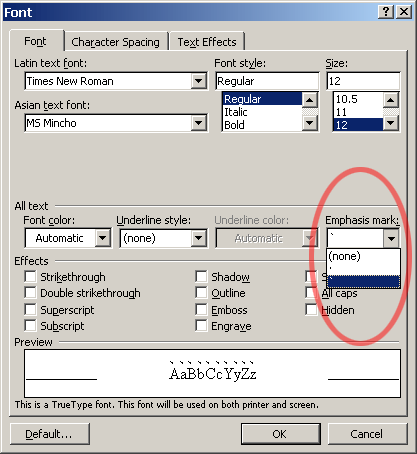 font dialog box